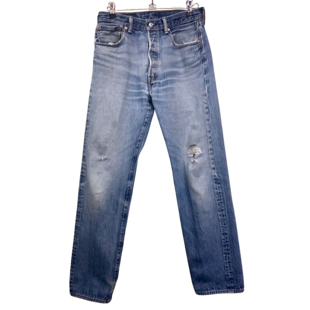 Levi's 501 Button Fly Jeans Straight Leg Distressed Denim 33x36 fits 30x31 #c